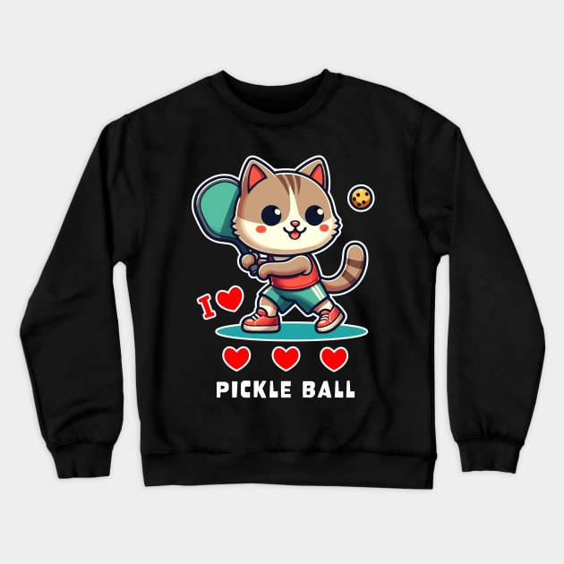 I Love Pickle Ball, Cute Cat playing Pickle Ball, funny graphic t-shirt for lovers of Pickle Ball and Cats Crewneck Sweatshirt by Cat In Orbit ®